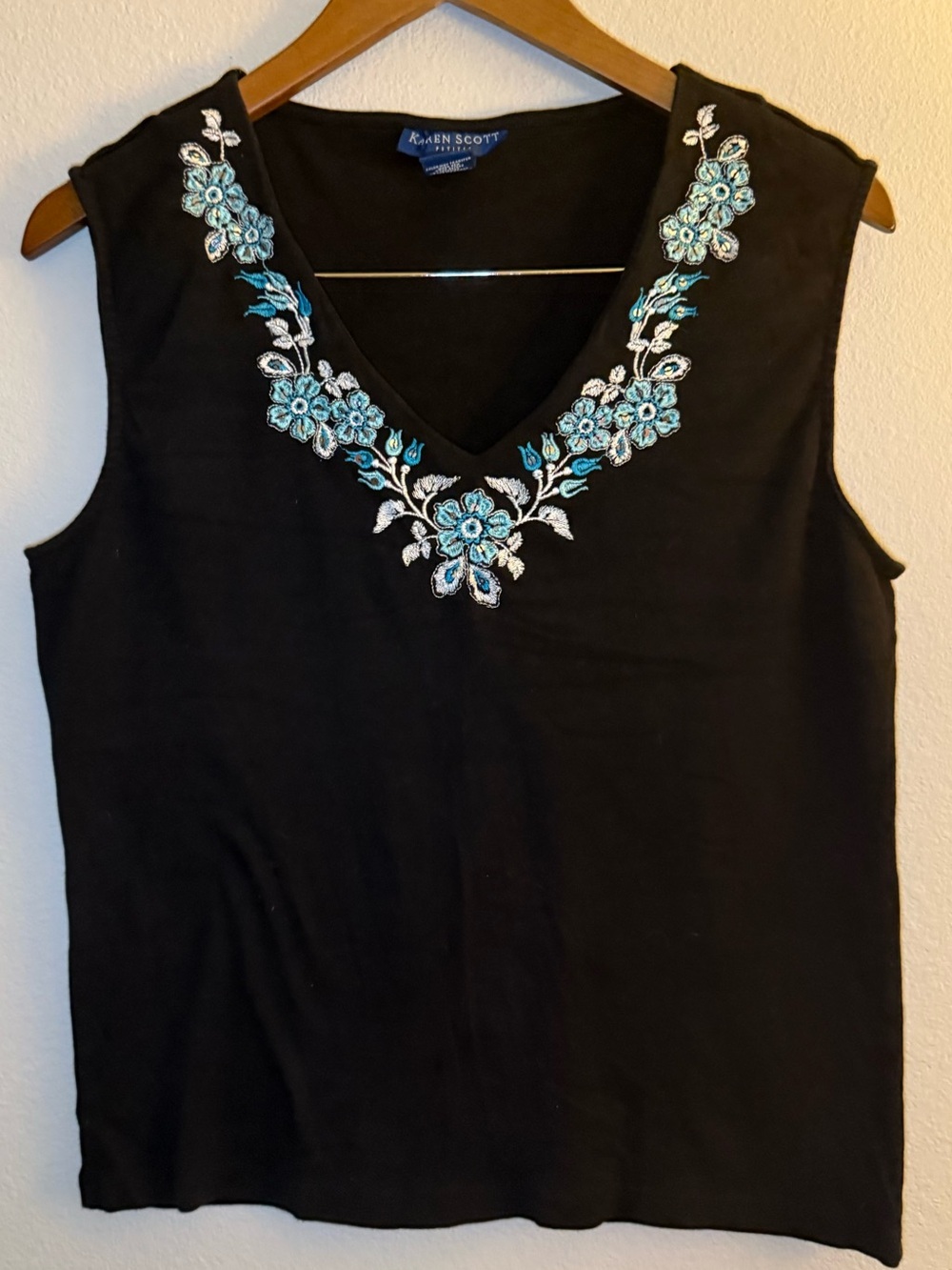 Karen Scott Black V-Neck Sleeveless Top with Blue Floral Embroidery
